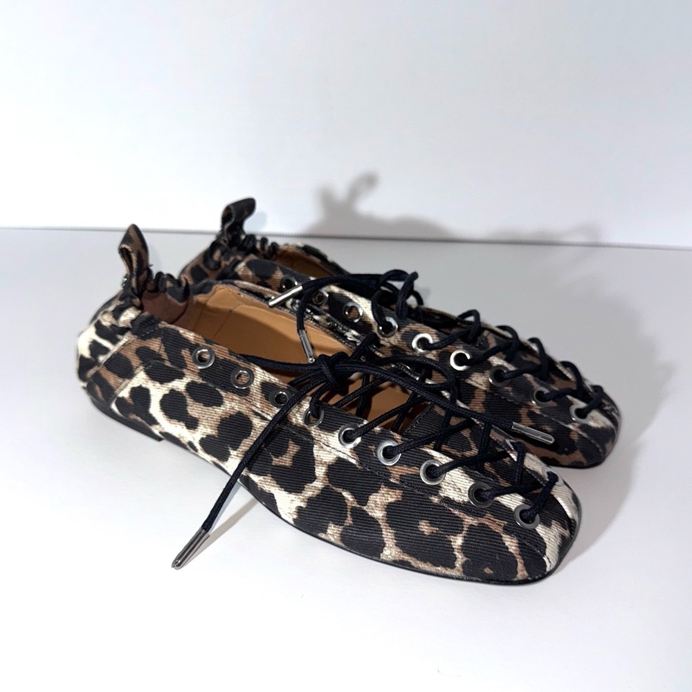 Ganni Leopard Lace Up Ballerina Flats